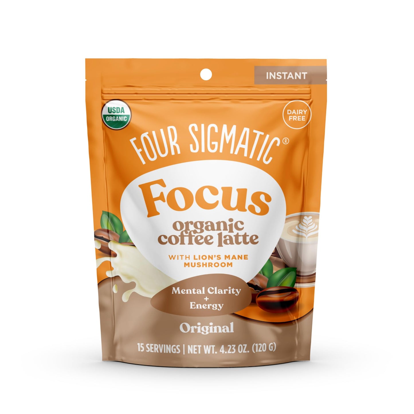 Four Sigmatic Original Focus Mushroom Coffee Latte | Plant-Based Organic Instant Latte with Lions Mane Mushroom for Focus and Me