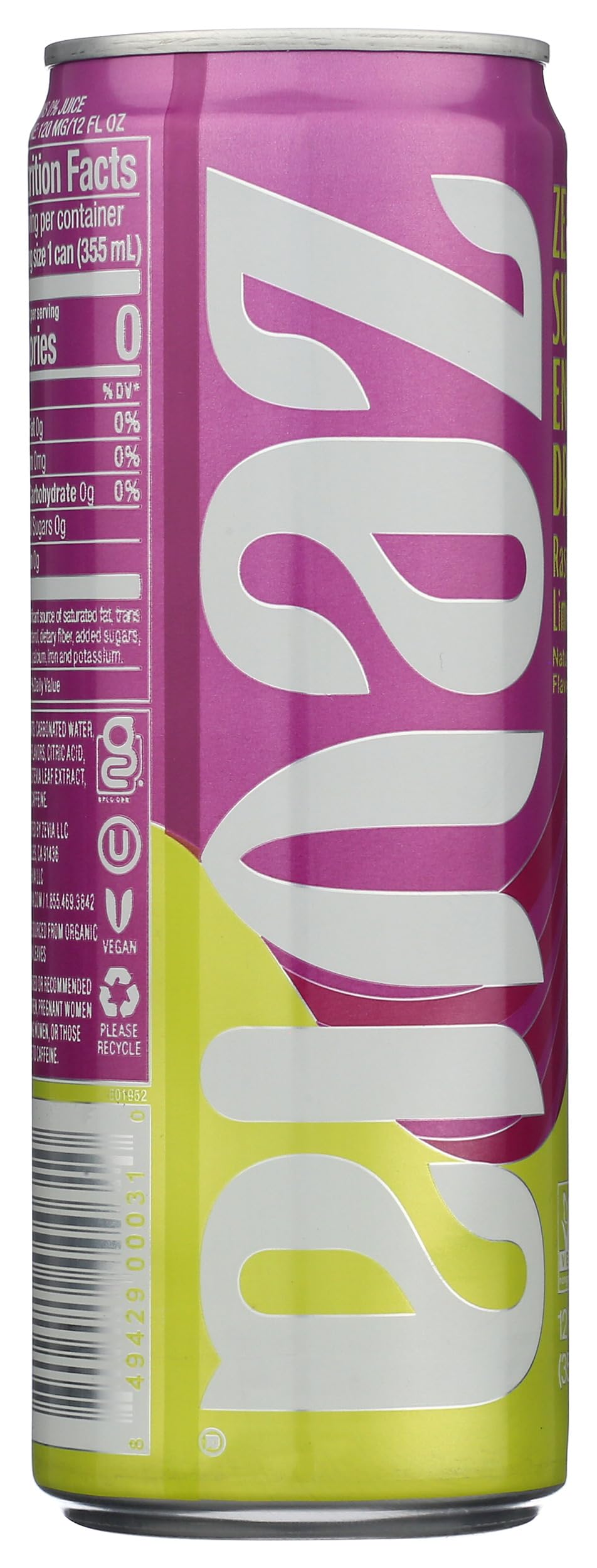 Zevia Energy Drink, Raspberry Lime Flavor, 12 Fl Oz Can, Pack of 1