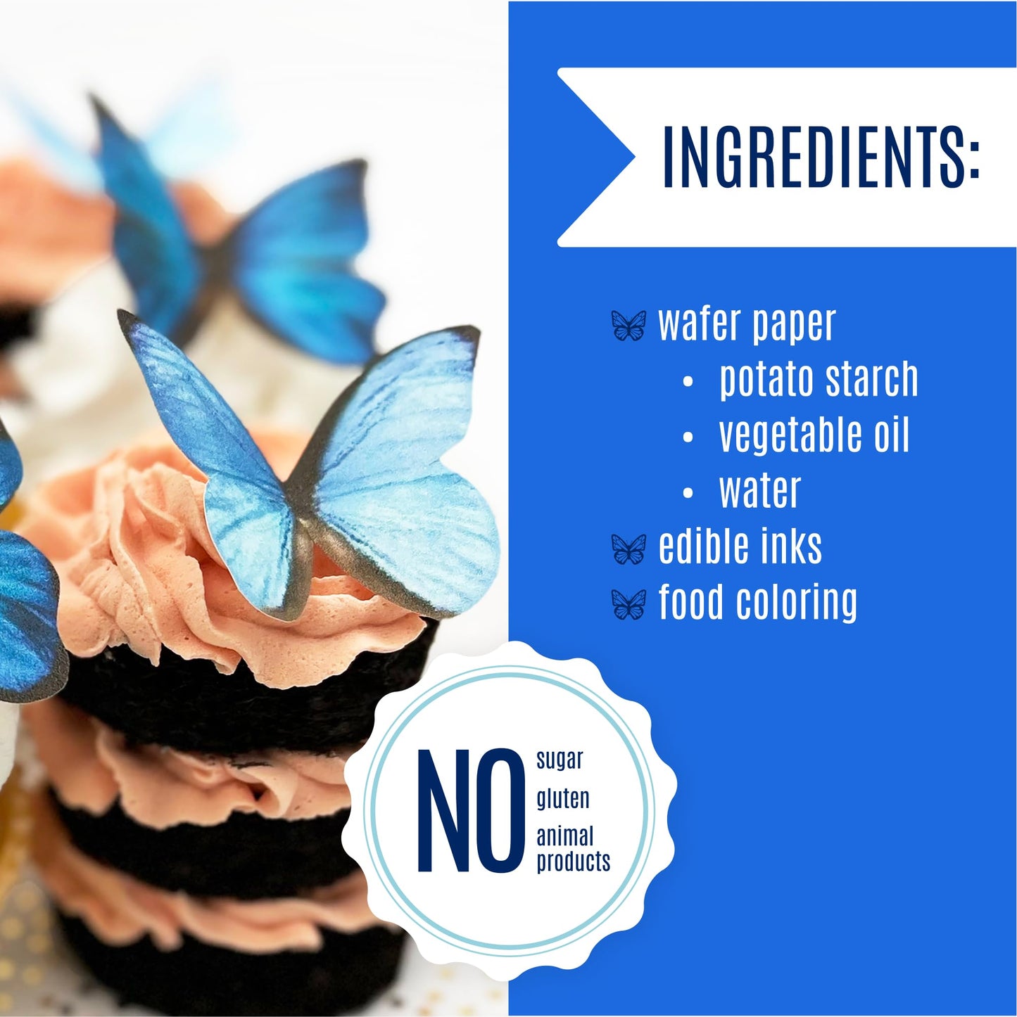 Sugar Robot Edible Butterflies - Large Cake Toppers, 3 inches, Blue, Premium Crafted, Made in the USA