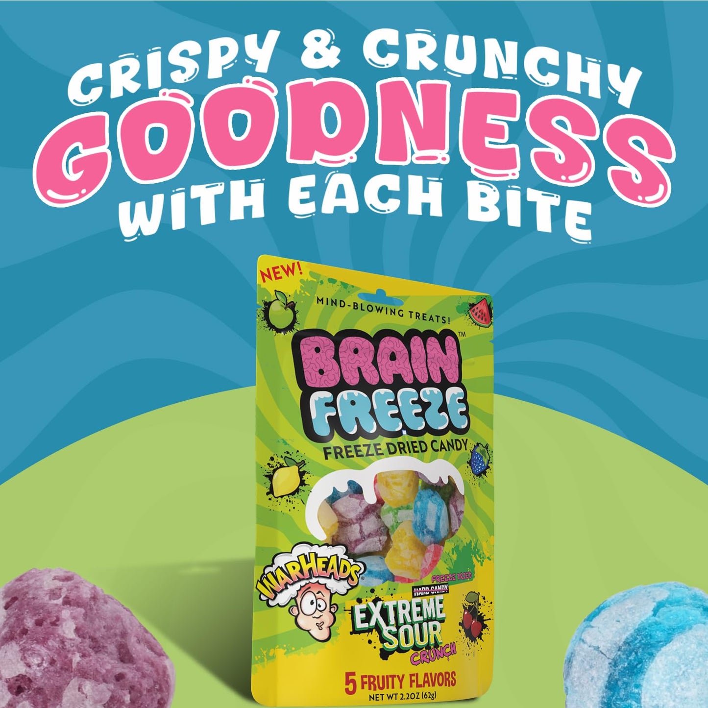 Brain Freeze Mixed Fruit Dried Candy | Freeze Dried Sour Crunch | Fun Snack & Party Treat | Travel-Friendly, 2.2 oz Pack of 1