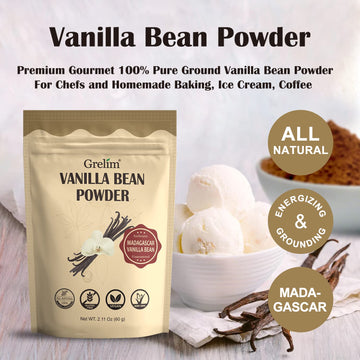 GRELIM Vanilla Bean Powder, 100% Pure Ground Madagascar Vanilla Powder Gluten-Free No Fillers or Additives Great for Baking, Cof