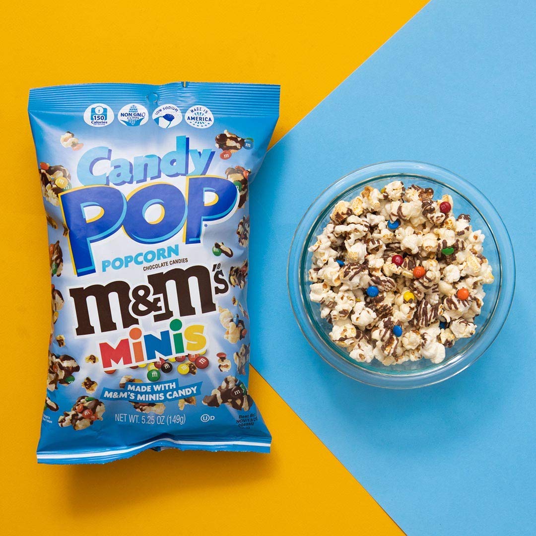 CANDY POP M&M Minis Candy Coated Popcorn (5.25oz bags) Made with Real M&M MinisCandy Pieces - Pack of 6