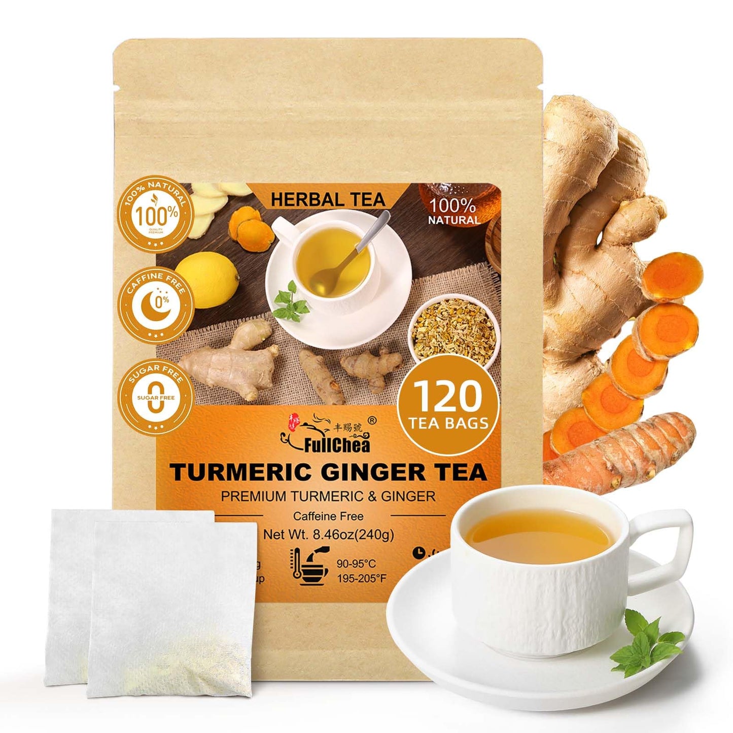 Fullchea - Turmeric Flavor Blendger Tea Bags 2G?120 Count - Top-Grade Flavor Blendger & Turmeric - Non-Gmo - Energy Blend-Free - Aid Digestion & Provide Antioxidants