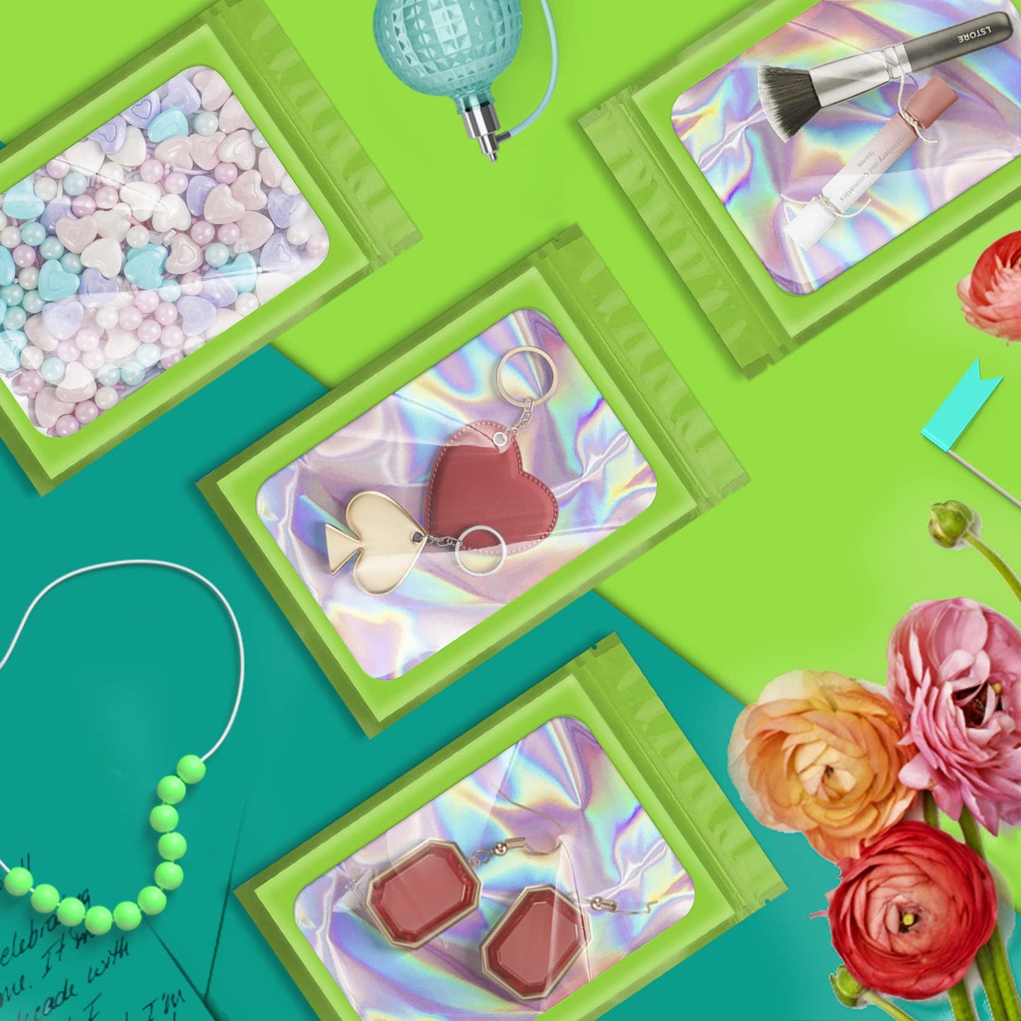 100 Pieces Smell Proof Mylar Bags, Holographic Packaging Bags, Resealable Odor Foil Pouch Ziplock Bags With Clear Window For Foo