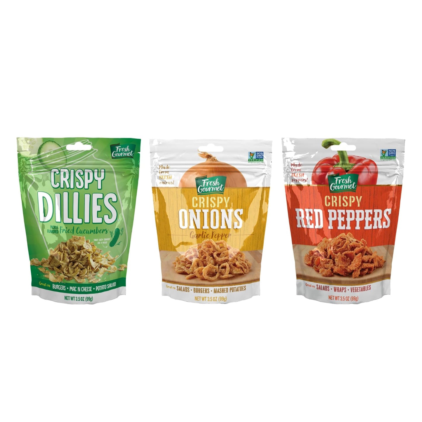 Fresh Gourmet Variety Pack - Includes Pickle-Flavored Crispy Dillies, Garlic Pepper Crispy Onions, and Crispy Red Peppers, 3.5 O
