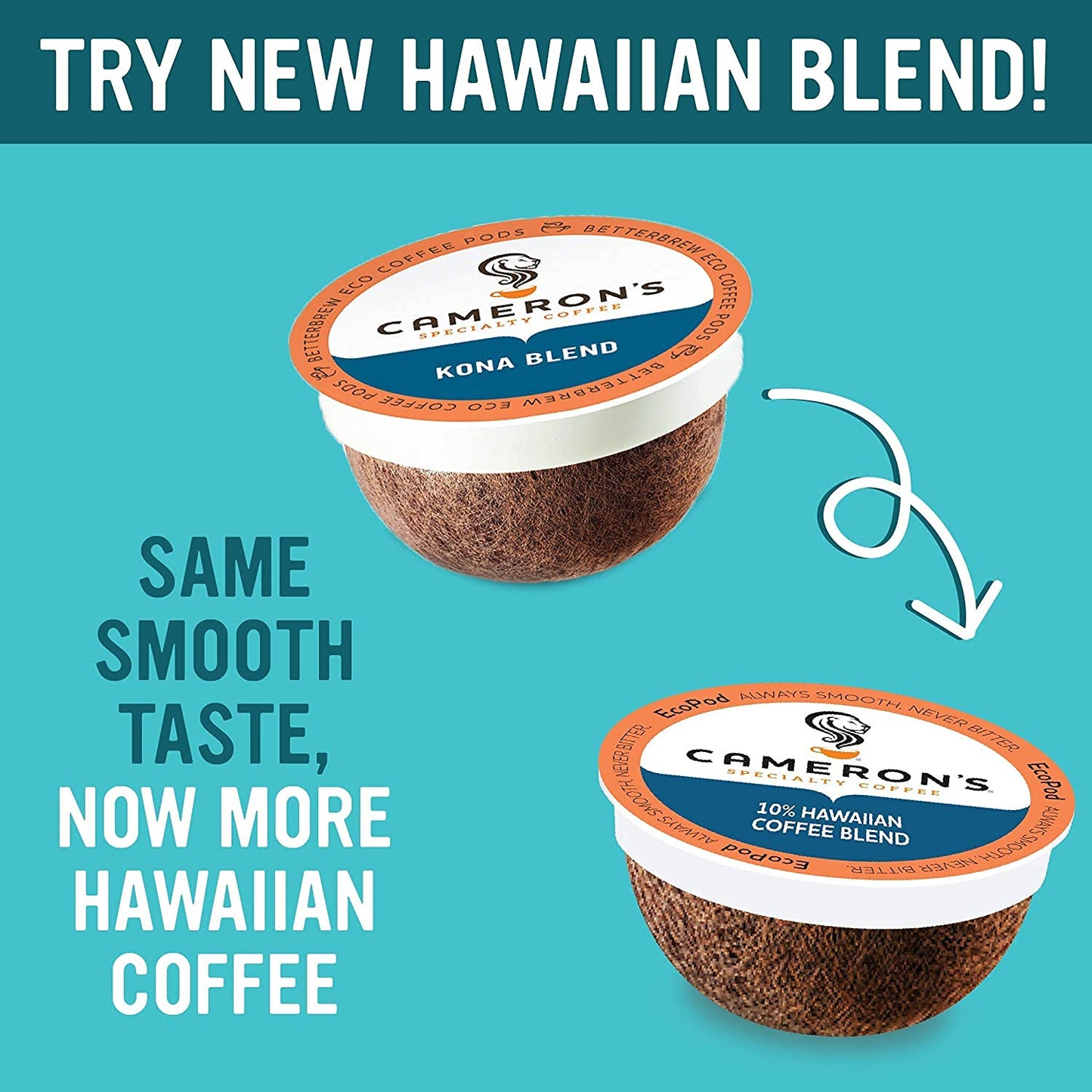 Camerons Coffee Single Serve Pods 10% Hawaiian Coffee Blend, Light Roast, 32-Count (Pack of 4)