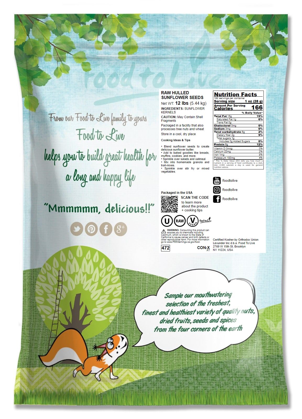 Food To Live Sunflower Seeds, 12 Pounds – Non-Gmo Verified, Kernels, No Shell, Kosher, Raw, Vegan, Sirtfood, Bulk