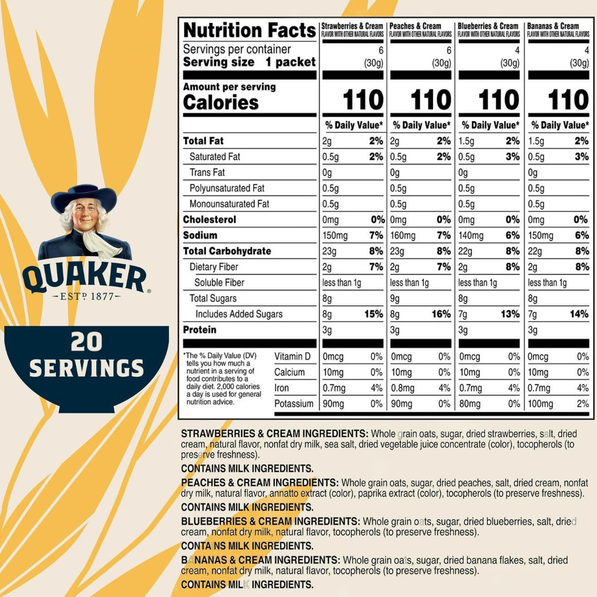Lyfno Quaker Instant Oatmeal Variety Pack, Blueberry, Strawberry, Banana & Peaches, 21.1 Oz., 20 Pack, Spoon Included