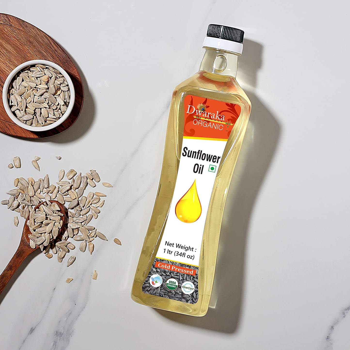 DWARAKA Organic Cold Pressed Sunflower Oil, Non-GMO, 1L (33.8 Fl Oz), All Natural