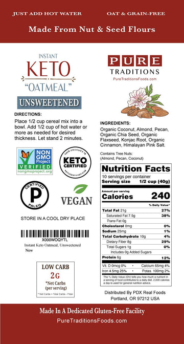 Keto Oatmeal, Instant Hot Cereal, Unsweetened, Certified Paleo, Keto Certified, Gluten & Grain Free (14.1 oz) (1 Pack)