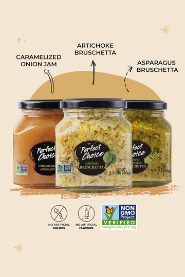 Perfect Choice Variety Pack with Delicious Artichoke Bruschetta, Green Asparagus Bruschetta & Caramelized Onion - Ready-to-eat S