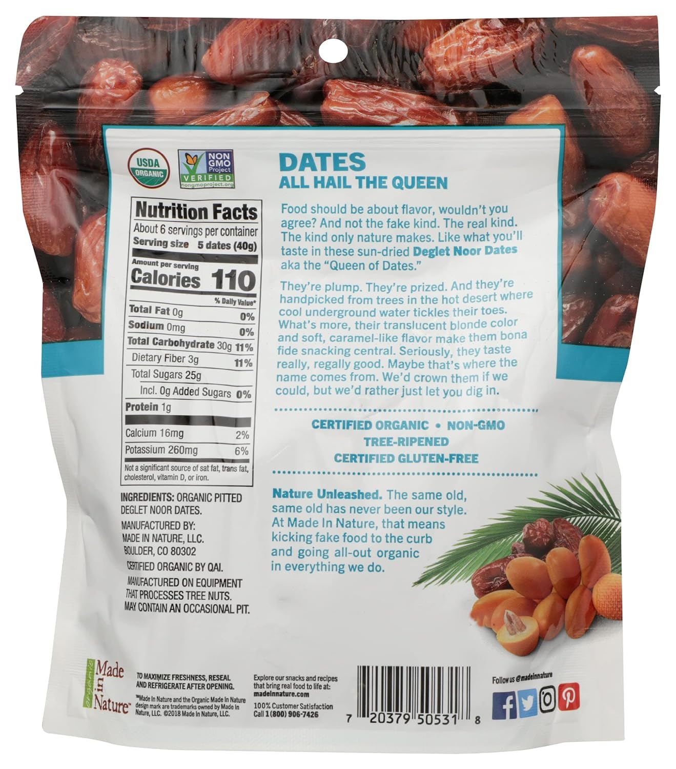 Made In Nature Organic Dried Dates Deglet Noor Org Non-gMO Unsulfured Vegan Snack 8 Ounce (Pack of 2)