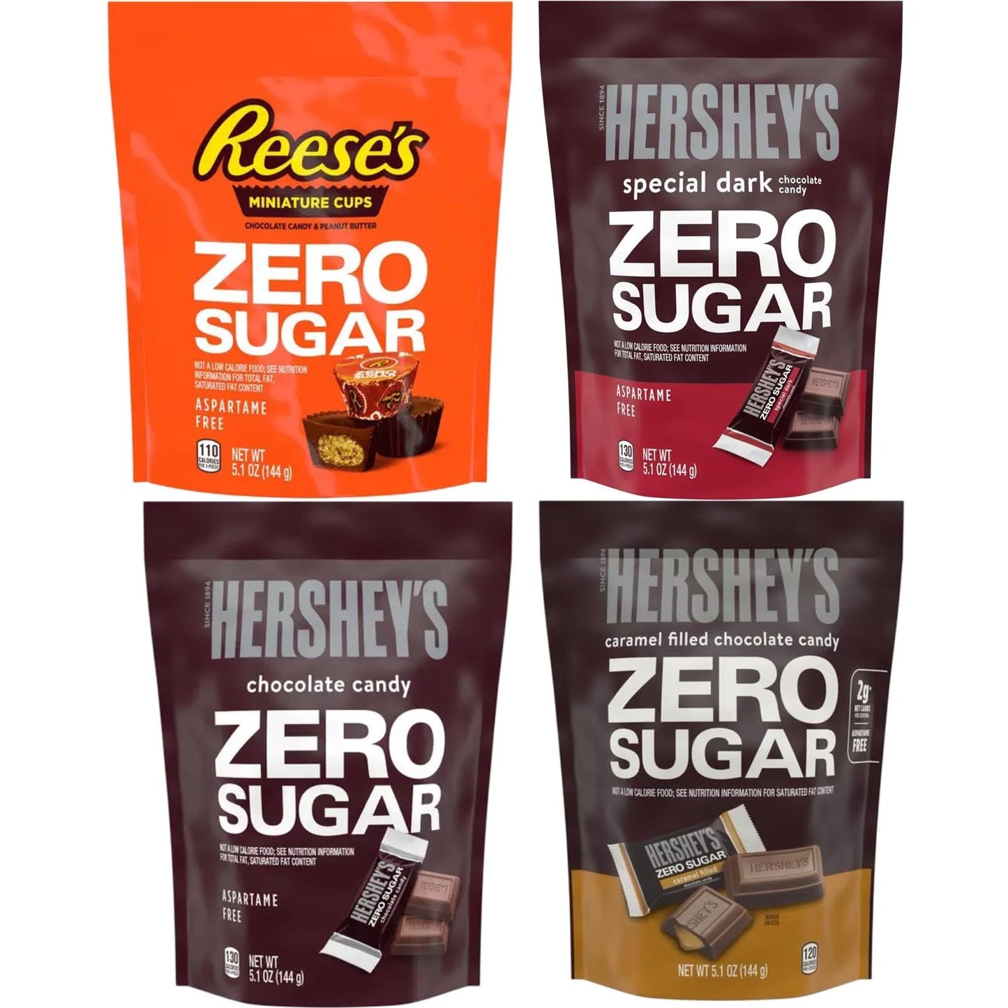 Hersheys Zero Sugar Variety Pack Candy Bars - Pack of 4 Bags - Caramel Filled, Milk Chocolates, Special Dark, Peanut Butter Cup