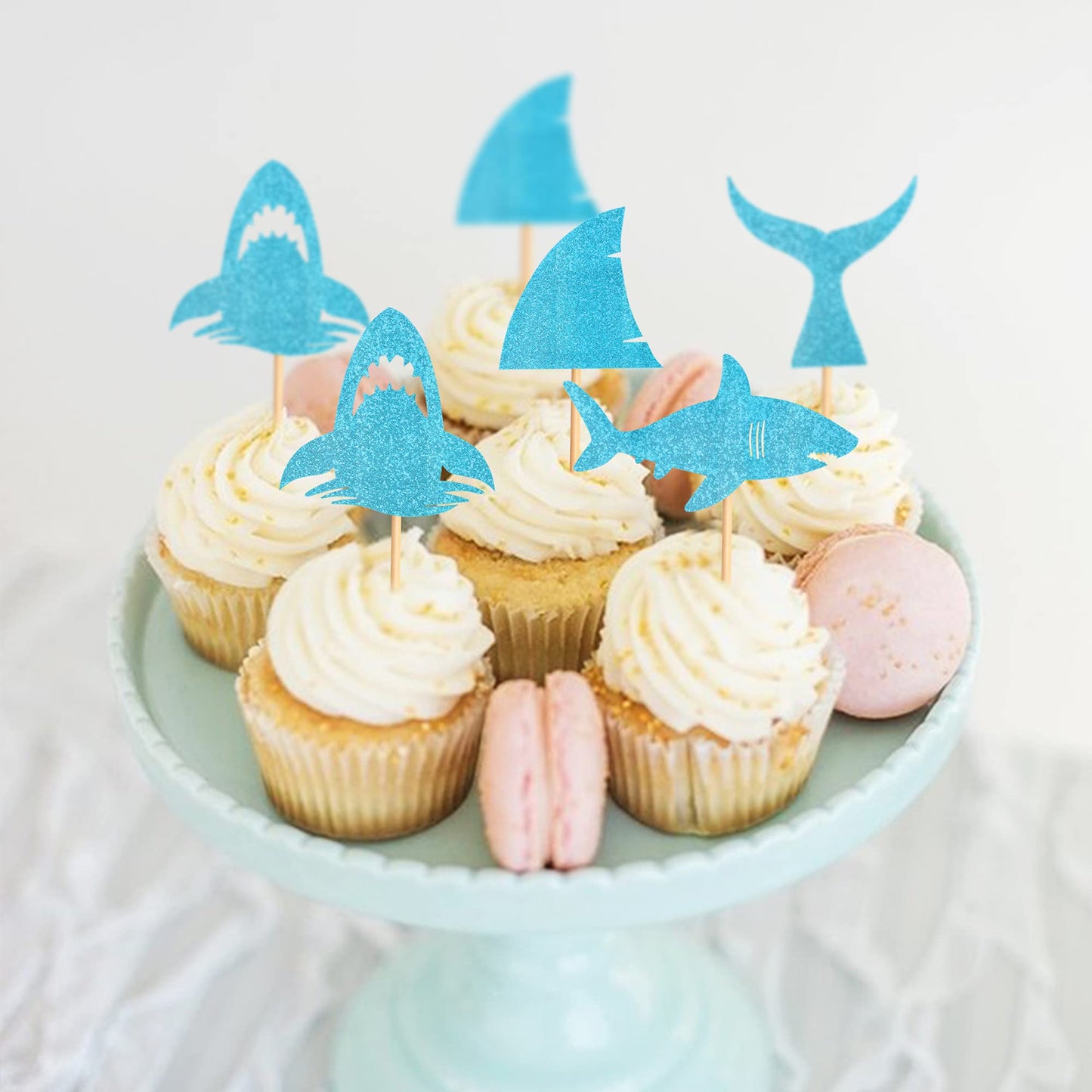 Ercadio Shark Cupcake Toppers - 24 Piece Assortment, Blue Glitter Shark Fin, Ocean Animals Theme for Baby Shower & Kids Birthday Party