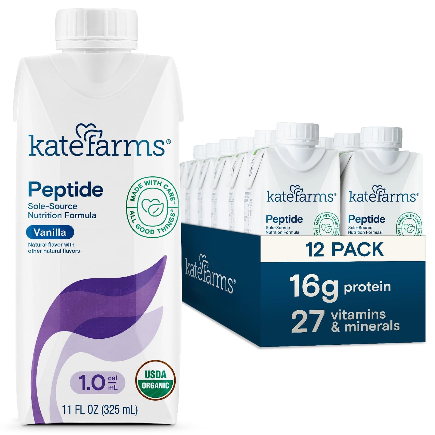 Kate Farms Organic Adult Peptide 1.0 Formula, Vanilla, Hydrolyzed Nutrition, 11 Fl Oz (Pack of 12)