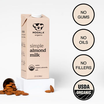 Mooala Organic Simple Almond Milk, 32Oz - 3 Ingredient, Shelf Stable, No Gums, No Oils, No Fillers, Unsweetened, Non-Gmo, No Add