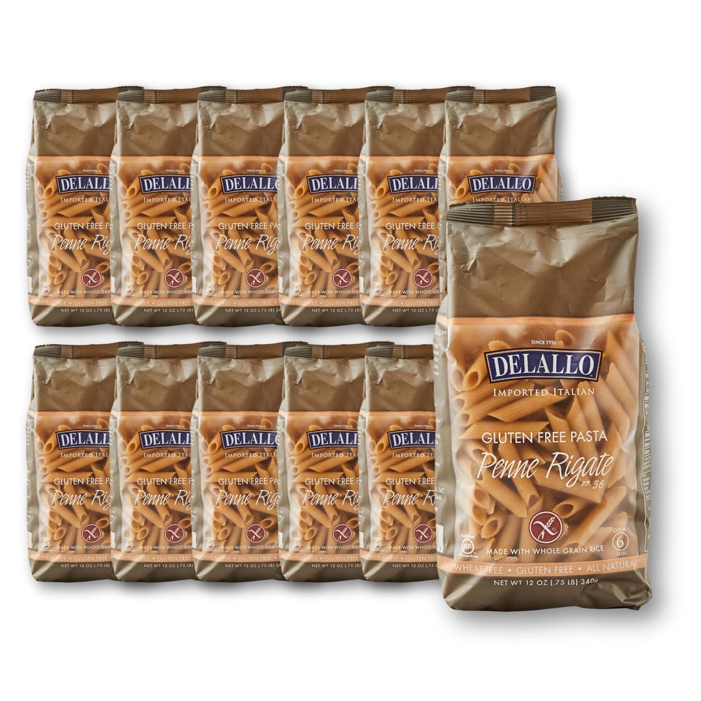 DeLallo Gluten Free Penne Pasta, Non-GMO, Made with Brown Rice Flour, Made in Italy, Whole Grain, Kosher, All Natural, 12 oz Bag, (12 Pack)