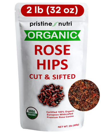 2 Lb (32 Oz) Rose Hips Dried Organic Bulk, Organic Rosehips Cut & Sifted, 95% Seedless, European All Natural, Rosehips Dried Org