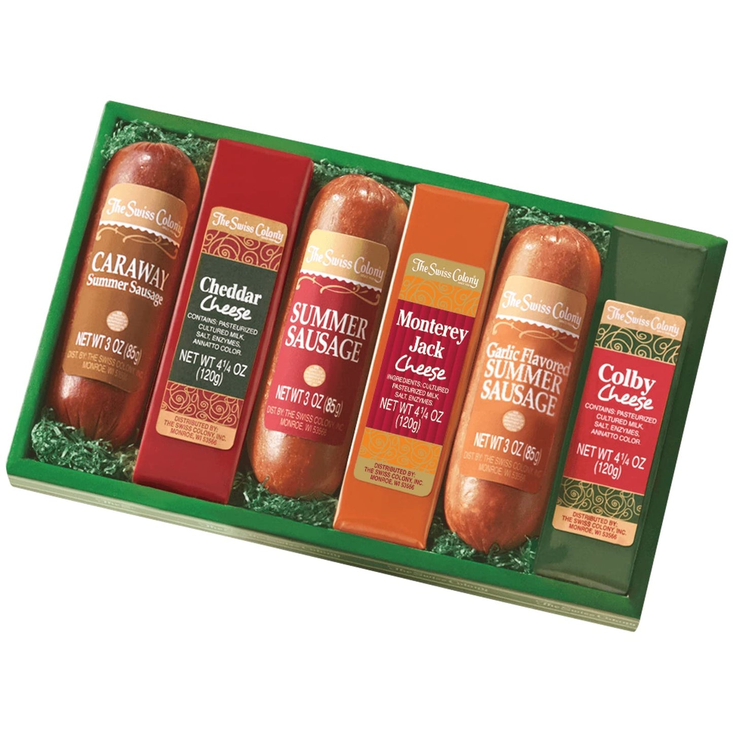 The Swiss Colony Sausage & Cheese Bars - Gift Box Of 6 With Assorted Cheese Caraway & Garlic Summer Sausages - Holiday Gift Basket For 18+ Uses Women Men - Charcuterie Thank You Gifts