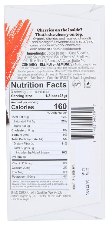 Theo Cherry Almond Organic Dark Chocolate Bar, 70% Cacao, 1 Bar | Vegan, Fair Trade