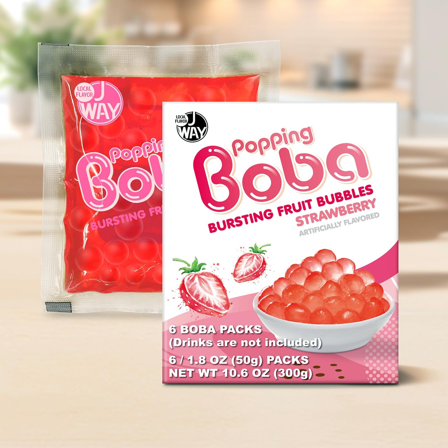 J Way Bursting Popping Strawberry Boba Pearls, Strawberry Syrup, Non-Dairy, Fat-Free Popping Tapioca Boba For Beverages, Sweets,