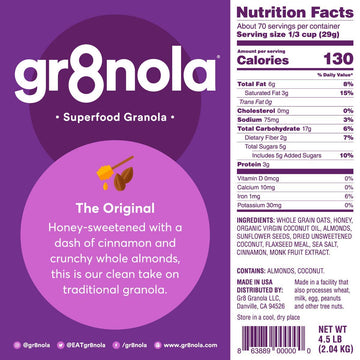 Gr8Nola The Original - Healthy, Low Sugar Bulk Granola Cereal - Made With Superfoods, Whole Almonds, Honey, Cinnamon And Flaxseed, Soy Free, Dairy Free And No Refined Sugar - 4.5Lb Resealable Bag