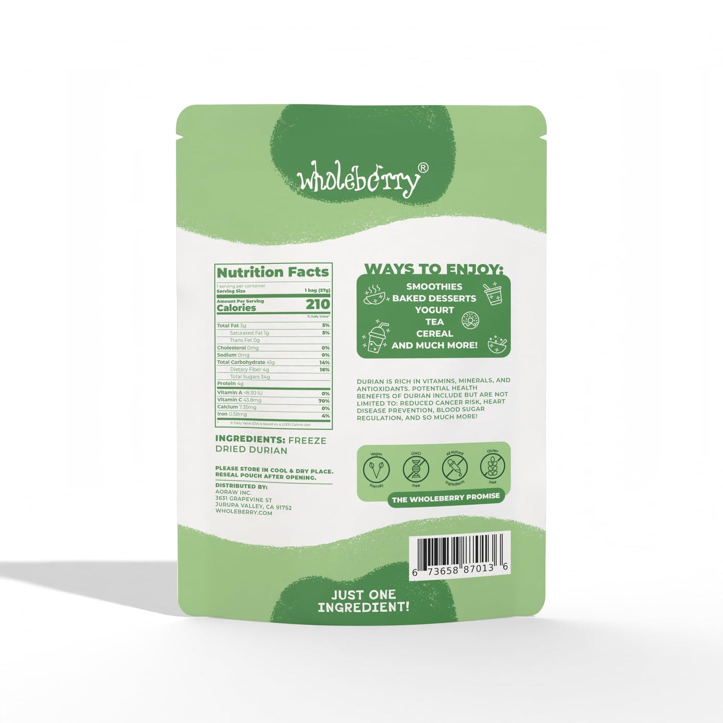 Wholeberry Freeze Dried Durian 2Oz Freeze Dried Fruit Snack Perfect For Smoothies, Baking, Yogurt & Tea - 100% Natural Ripe Frui