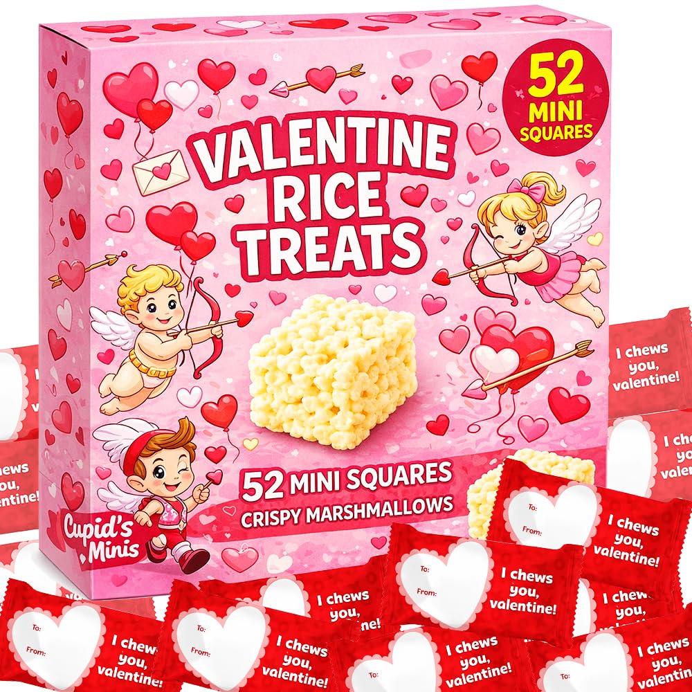 Rice Crispy Marshmallow Treats Valentine Day Mini Squares 52 Pack | Individually Wrapped Classroom Exchange Snacks Kids Party Fa