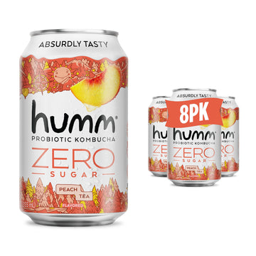 Humm Probiotic Kombucha Zero Sugar Peach Tea, 12Oz Cans (8 Pack)