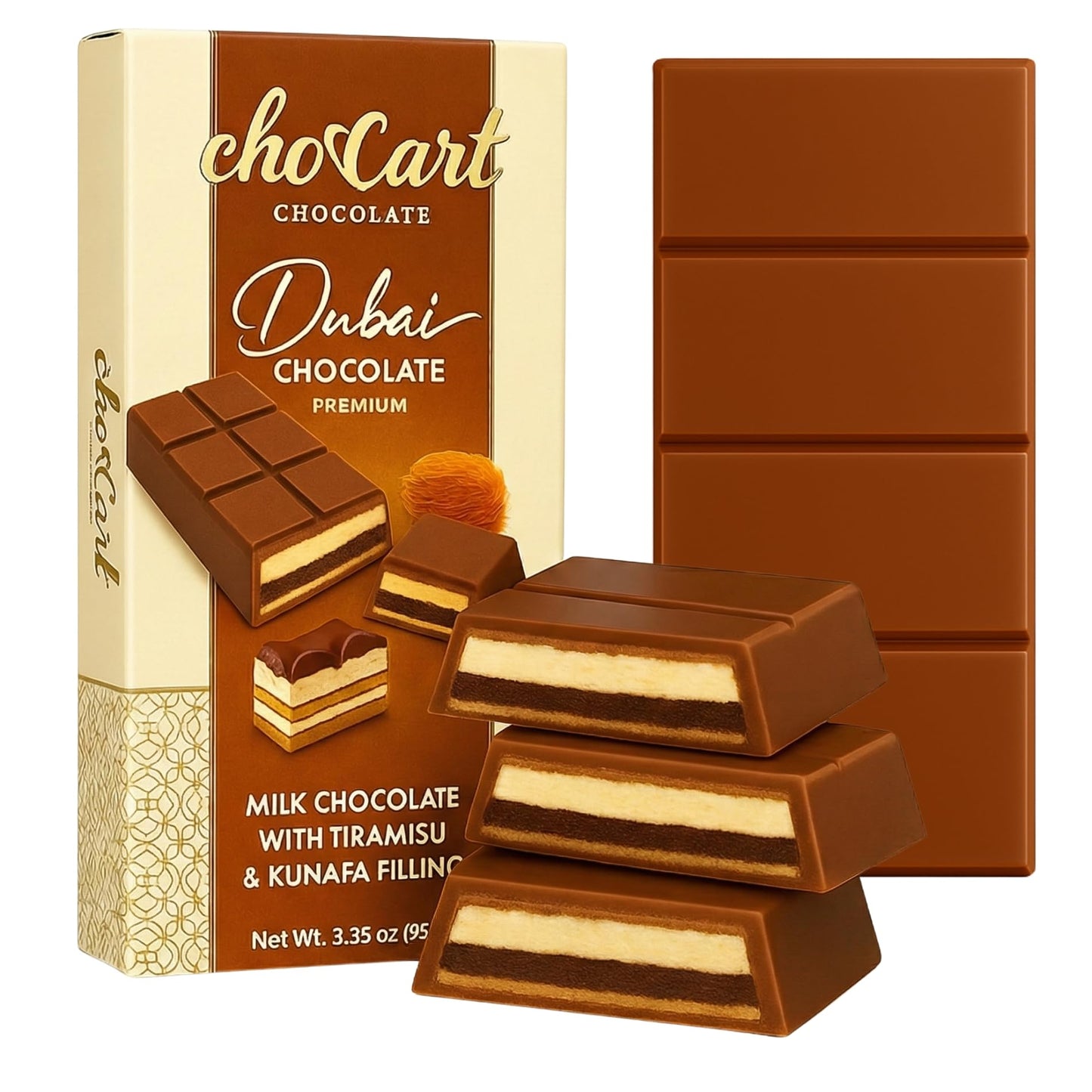 Choccart Dubai Top-Grade Milk Chocolate Bar With Tiramisu & Kunafa Filling - Viral Knafeh Chocolate Dessert Bar In Stylish Gift Box Rich Milk (95G / 3.35 Oz) - Made In Dubai (1 Pack Tiramisu)