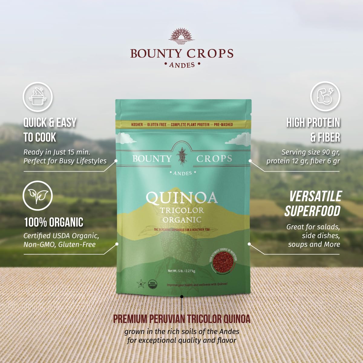 Bounty Crops Organic Tricolor Quinoa, Gluten-Free, Non-GMO, Vegan Superfood, 5 lb (80 oz)