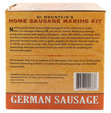 Hi Mountain Seasonings ǀ German Sausage Making Kit ǀ Includes Sausage Seasoning, Cure Natural Hog Casings, And Simple-To-Follow Directions ǀ Creates 30 Lbs Of Delicious German Sausage