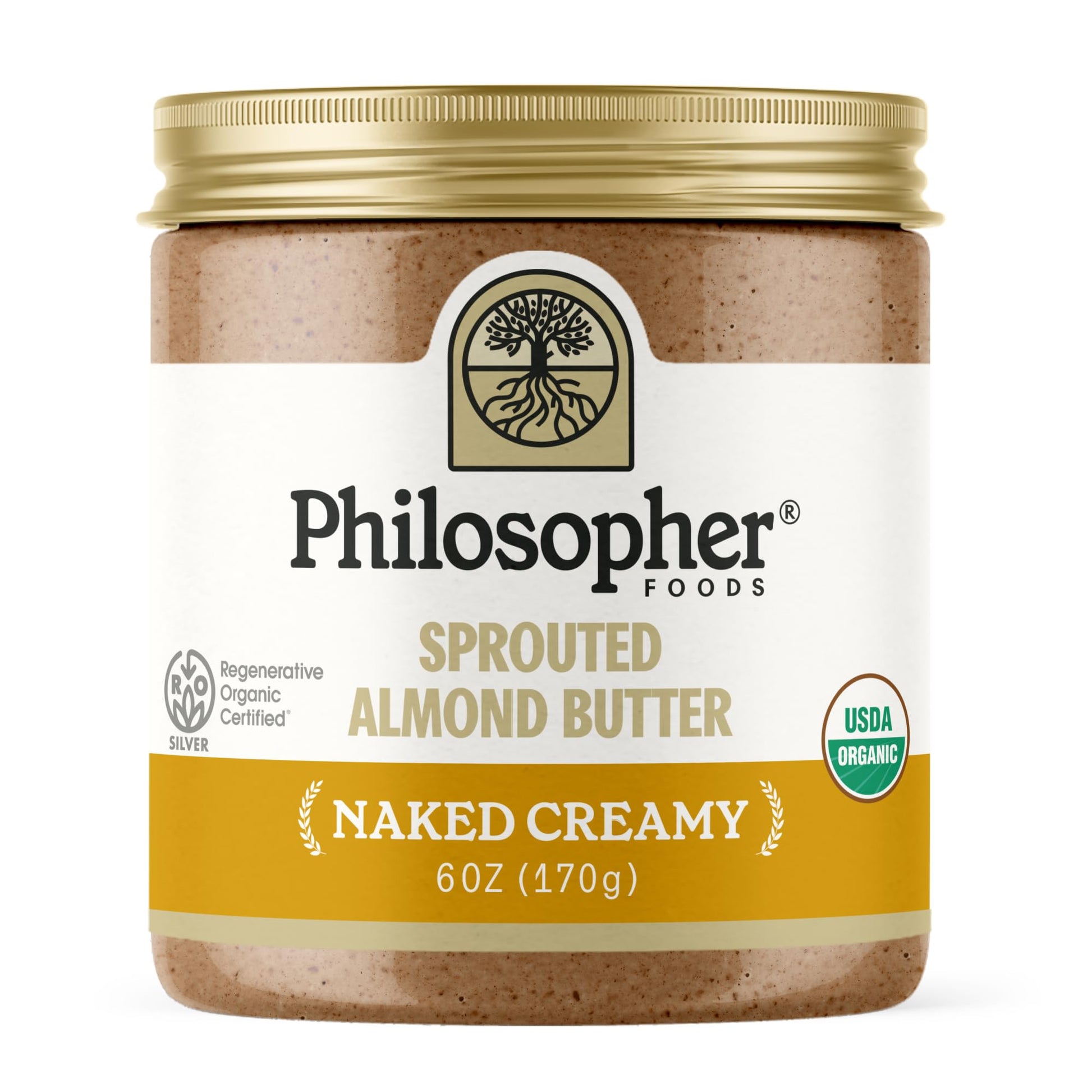 Philosopher Foods - Organic Naked Creamy Sprouted Almond Butter - 6 oz - Stone Ground Regenerative Organic Crunchy Almond Nut Bu