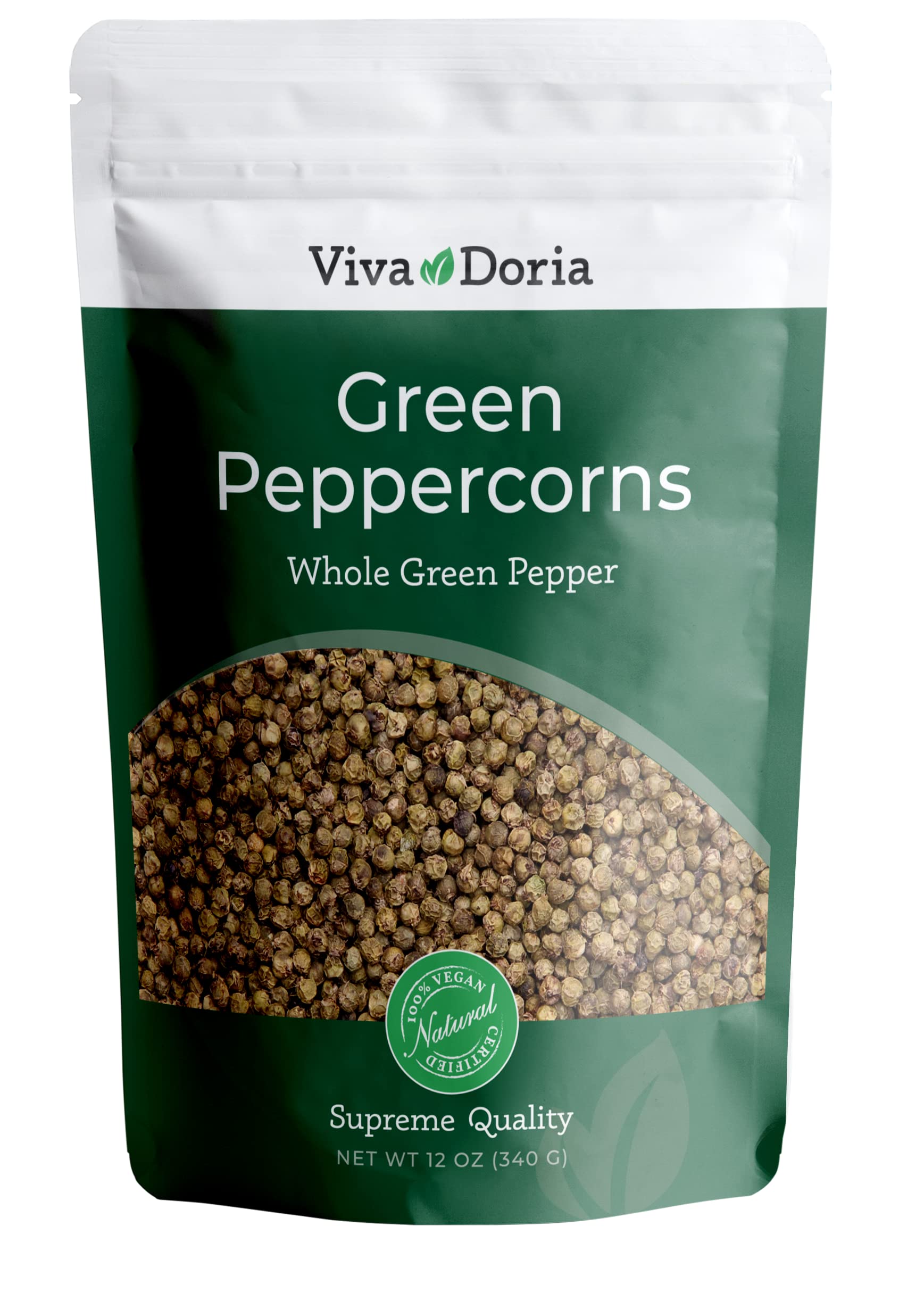 Viva Doria Green Peppercorns, Whole Green Pepper, Steam Sterilized,12 Oz, For Grinder Refills