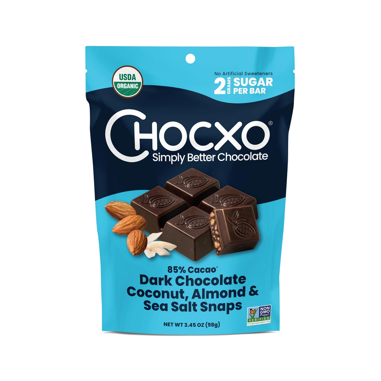 Chocxo Dark Chocolate Coconut Almond & Sea Salt Snaps - Low In Sugar, Organic 85% Cacao, Non-Gmo, Keto Certified, Gluten Free & Kosher. No Artificial Sweeteners Or Sugar S, 3.45 Oz (Pack Of 6)