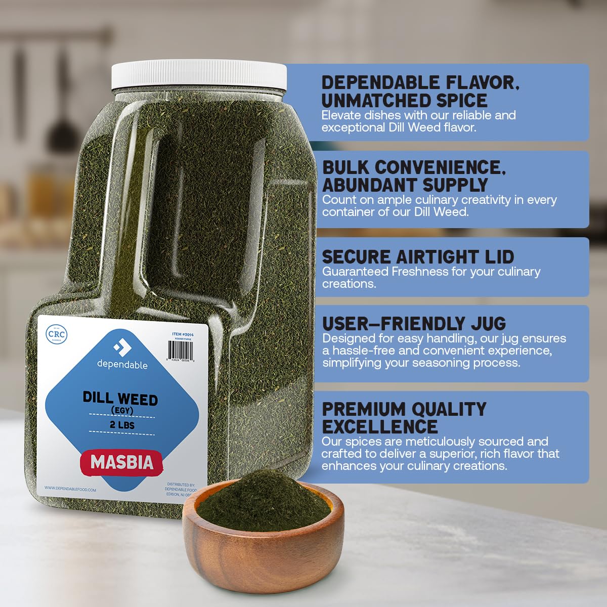 Dependable Foods Dill Spice - 100% Natural, Non-GMO, Salt-Free Seasoning - 2 Lb. Bulk Jar, Kosher, Allergen-Free