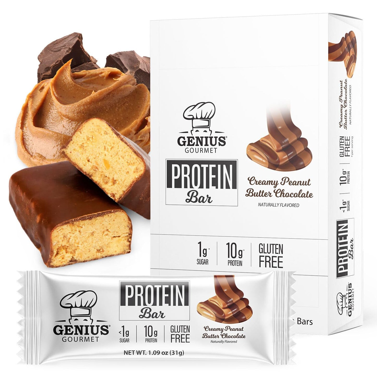 Genius Gourmet Protein Bar, Chocolate Peanut Butter, Keto Snack, Low Carb, Low Sugar & Gluten Free, Protein Snacks For Mature-Themeds, 10G Of Whey Protein Per Protein Bar, 5 Net Carbs, 10 Count