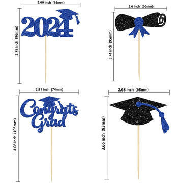 Gyufise 24Pcs 2024 Graduation Cupcake Toppers Blue Glitter Congrats Grad 2024 Diploma Cap Cupcake Picks Class Of 2024 Cake Decor