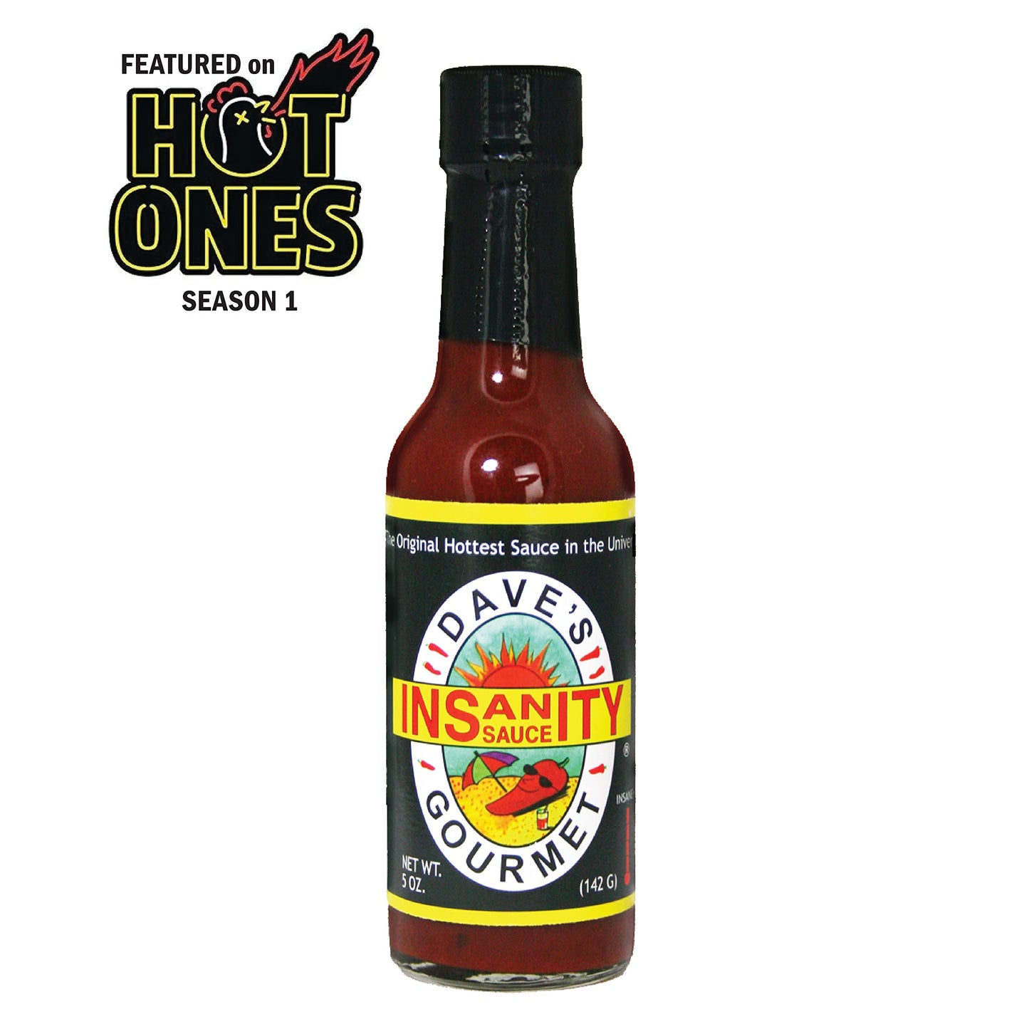 Dave's Gourmet Original Insanity Hot Sauce Featured on Hot Ones Season 1-3 Bottles