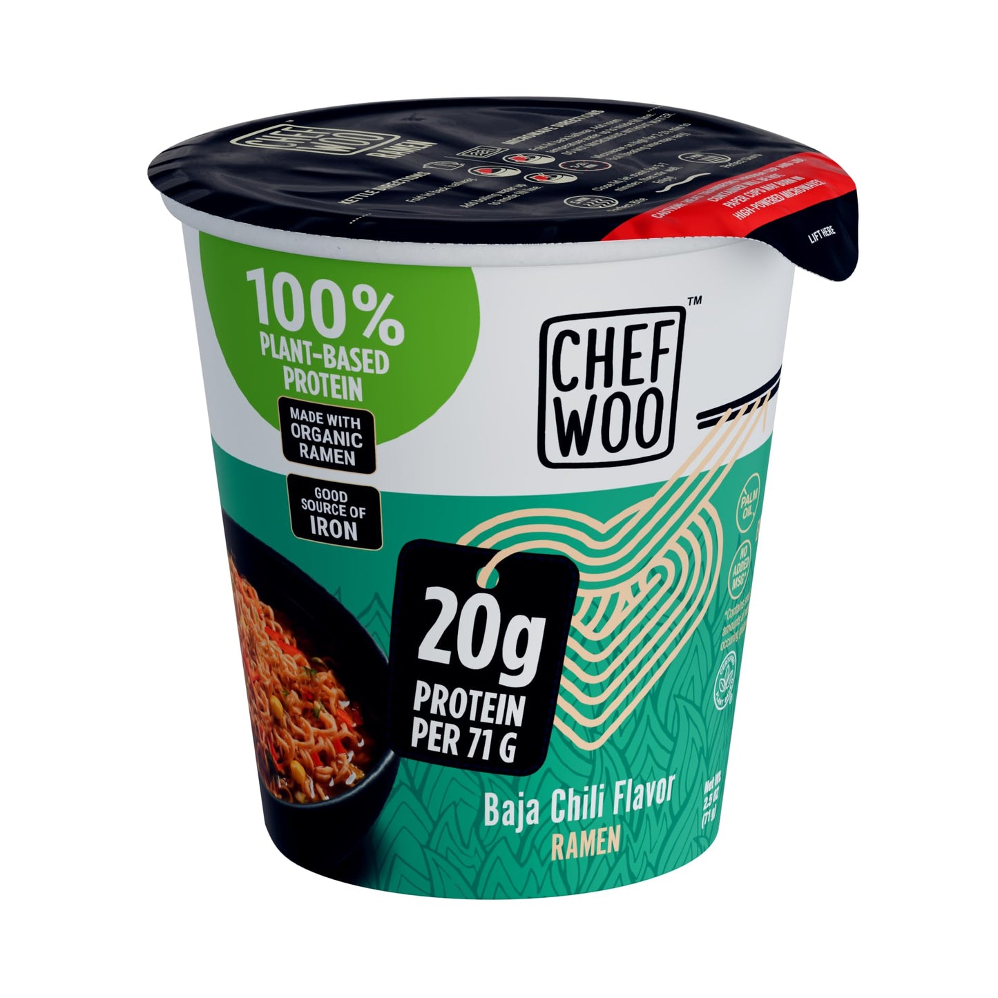 CHEF WOO Baja Chili Ramen Cup, High Protein Noodles, 20g Animal-Free Protein, 12 Pack, 2.25 oz each, Made in U.S.