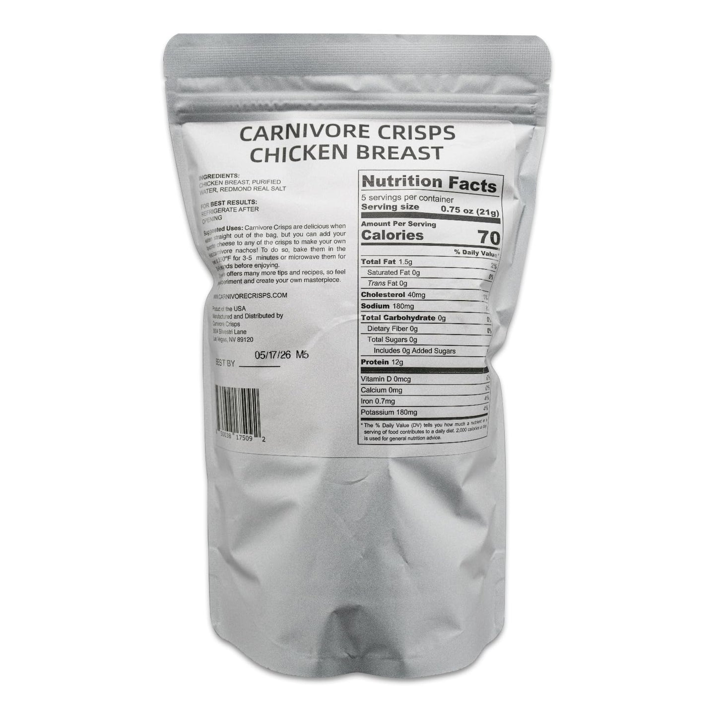 Carnivore Crisps Chicken Breast, All Natural, High Protein, Gluten-Free, 3.75 oz (Pack of 3)