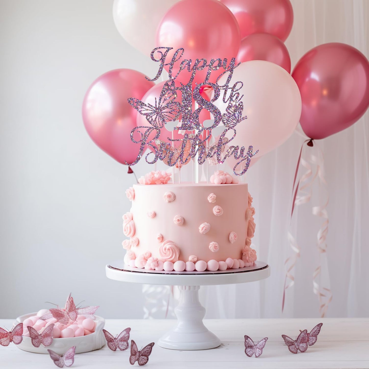 We Can Bearly Wait Purple Glitter 18th Birthday Cake Topper, Butterfly Theme, 6x8.7 inches, Paper
