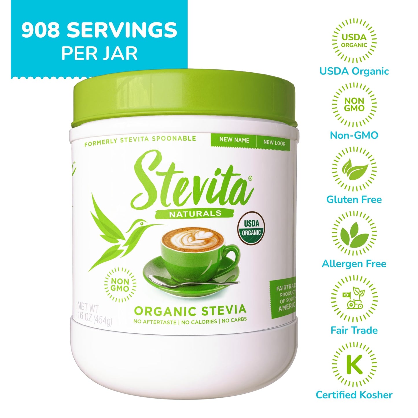 Stevita Organic Stevia - 16 oz, Pack of 2 - Stevia & Erythritol All-Natural Sweetener, No Calories - USDA Organic, Non-GMO, Vega