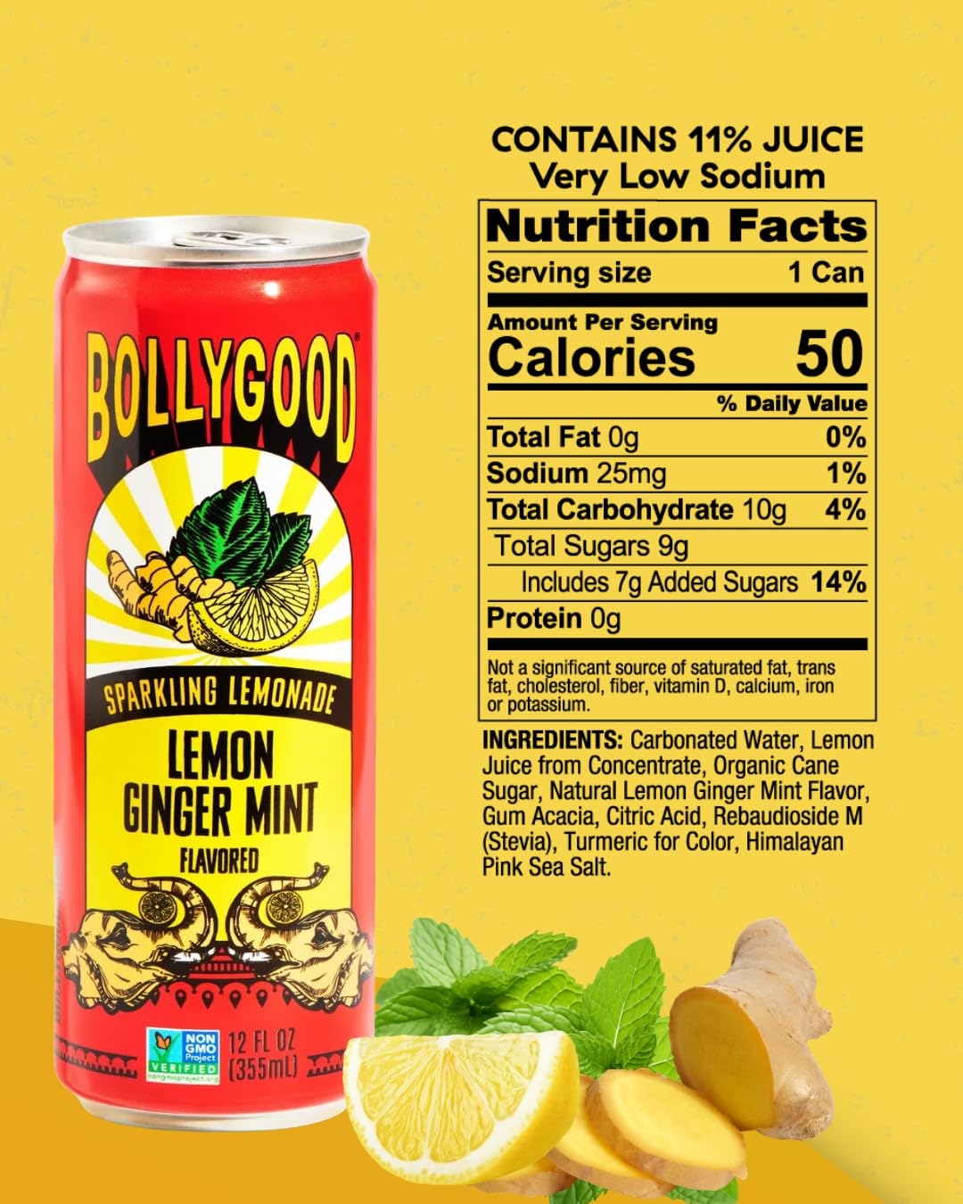 Bollygood Sparkling Lemonade, Lemon Ginger Mint, Indian Inspired Beverage Nimbu Pani, No Artifical Colors Or Flavors, Non-Gmo Pr