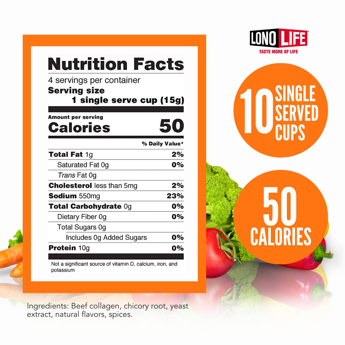 Lonolife - Beef Bone Broth Single Serve Cups - 10G Collagen Protein - Grass-Fed, Gluten-Free - Keto Paleo Friendly - 10 Count
