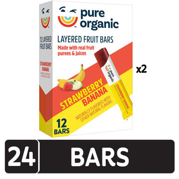 Pure Organic Layered Fruit Bars, Gluten Free, Vegan Fruit Snacks, Strawberry Banana (2 Boxes, 24 Bars)
