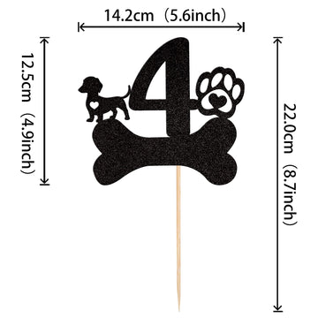 1 Pcs 4Th Birthday Cake Topper Black Glitter Dog Paw Four Years Old Birthday Puppy Dog Bone Cake Pick For Let'S Pawty Baby Showe