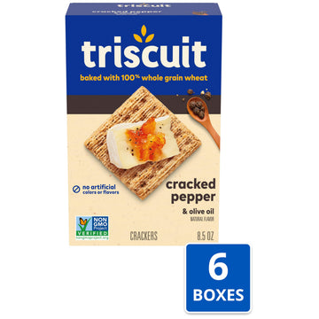 Triscuit Cracked Pepper & Olive Oil Whole Grain Wheat Crackers, Lunch Snacks, Bulk Snack Crackers, 6 - 8.5 oz Boxes