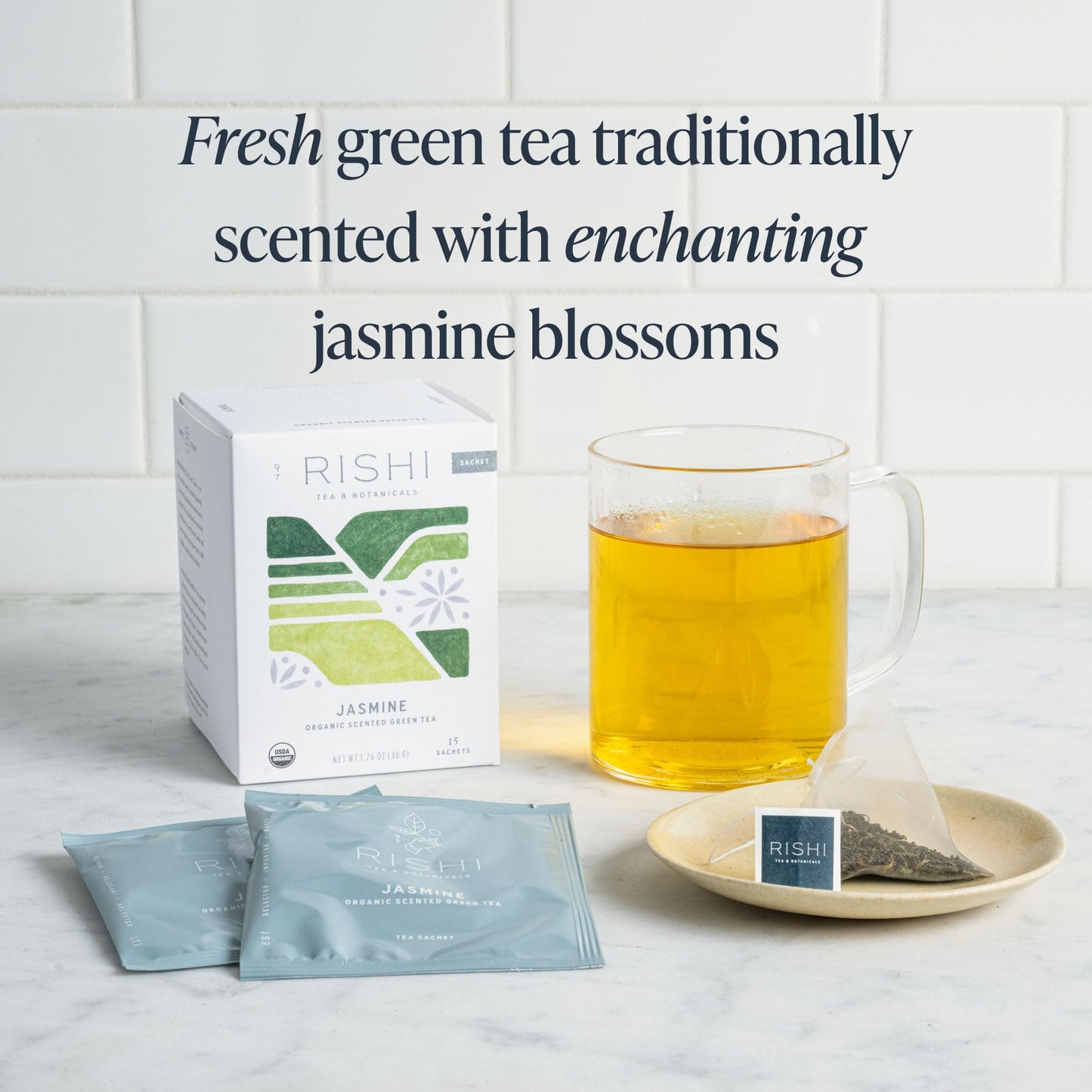 Rishi Tea Jasmine Green Tea - Organic Sachet Tea Bags, Caffeinated Scented Chinese Green Tea with Floral Aroma & Taste - 15 Coun
