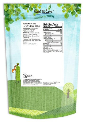 Food To Live Premium Four Nuts Mix, 1.5 Pounds - A Blend Of Dry Roasted Pistachios, Almonds, Pecans, Cashews, And Almonds With H